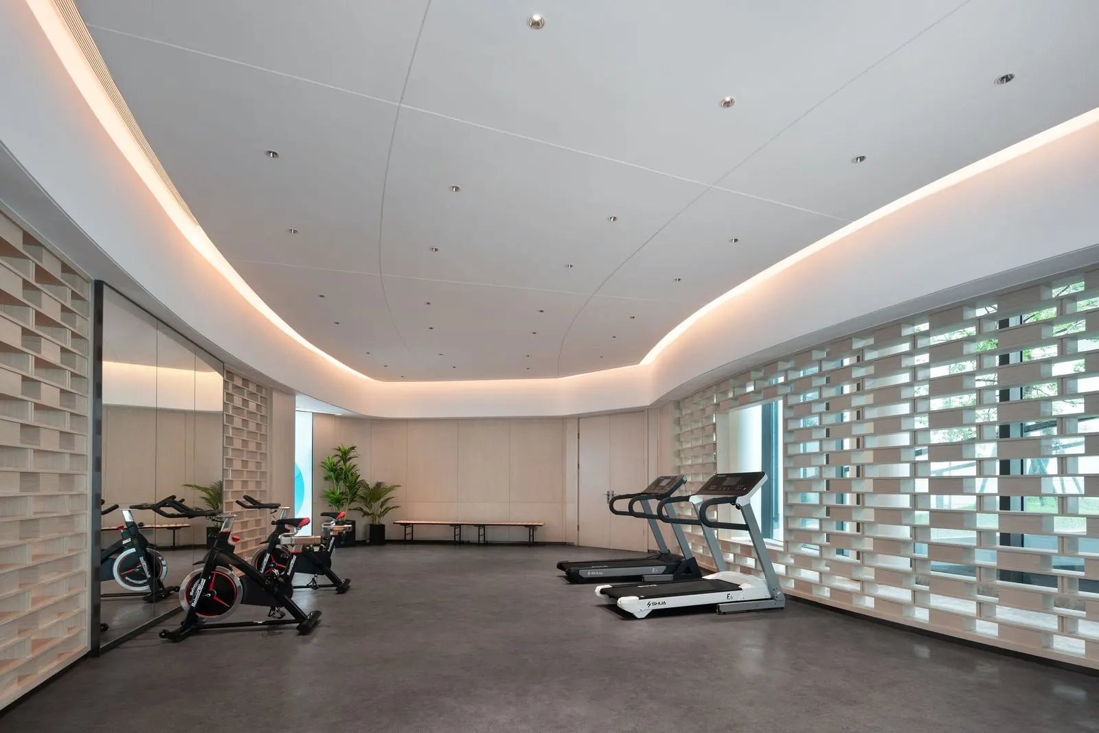 Modern gym interior with rows of treadmills and spin bikes in a Dubai fitness centre