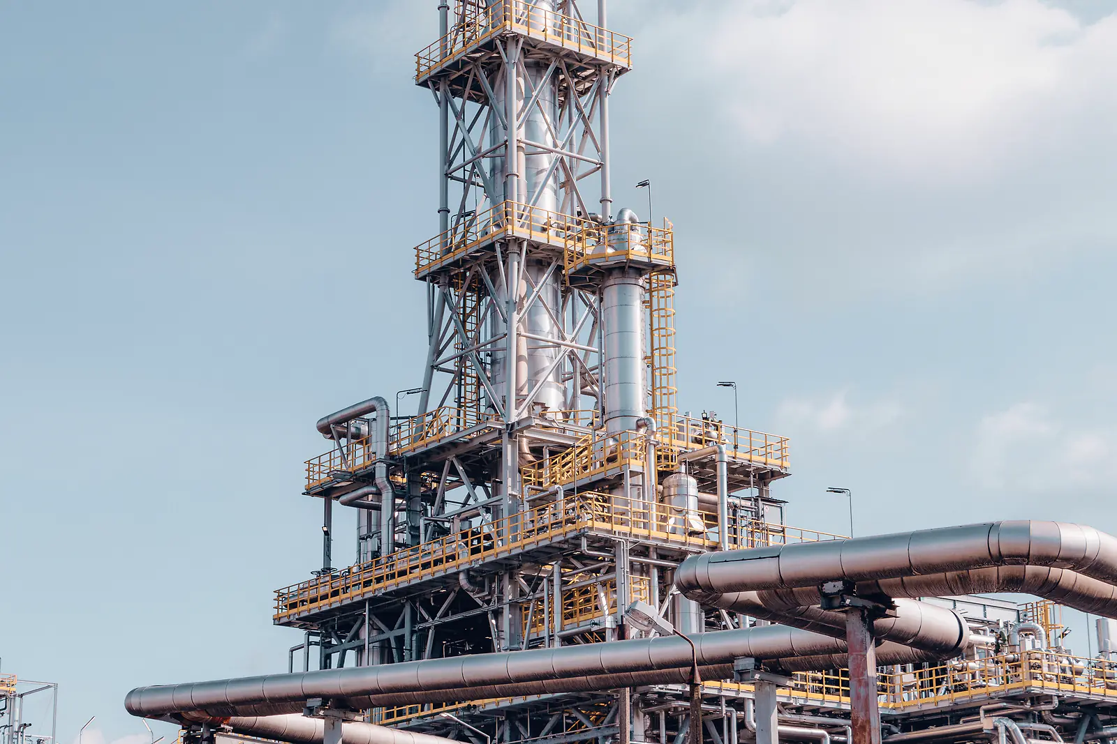 Steel process columns, walkways and insulated pipe racks at an oil processing plant