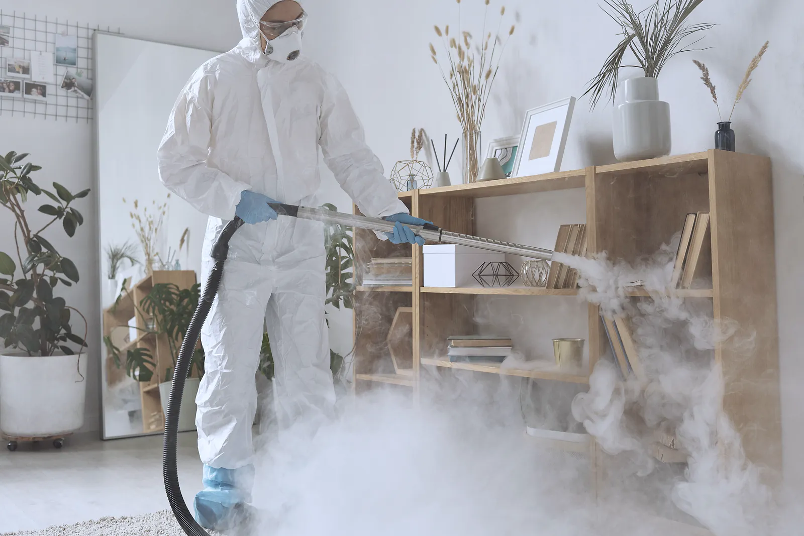 A technician in protective clothing fogs a bookshelf in a bright living room