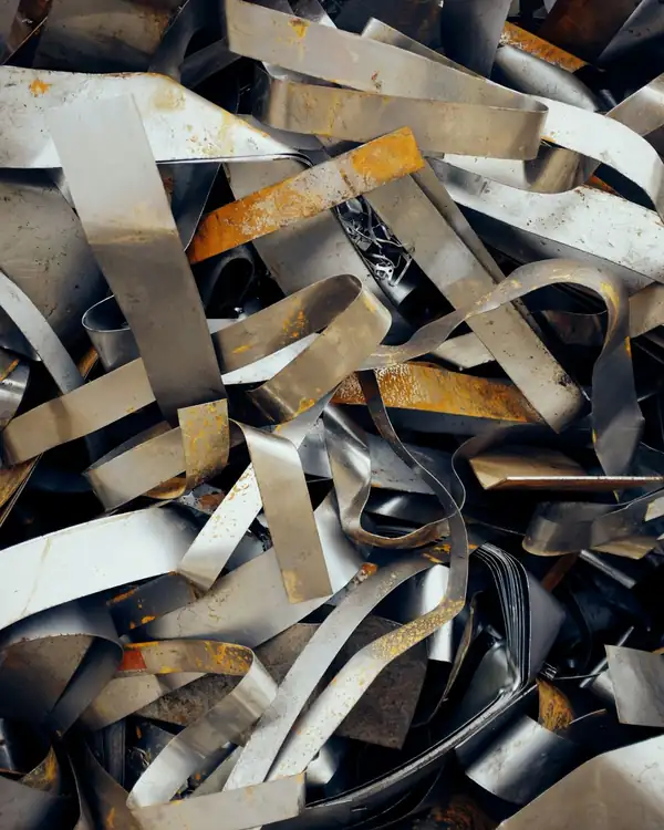 Offcut strips of steel sheet scrap with surface rust